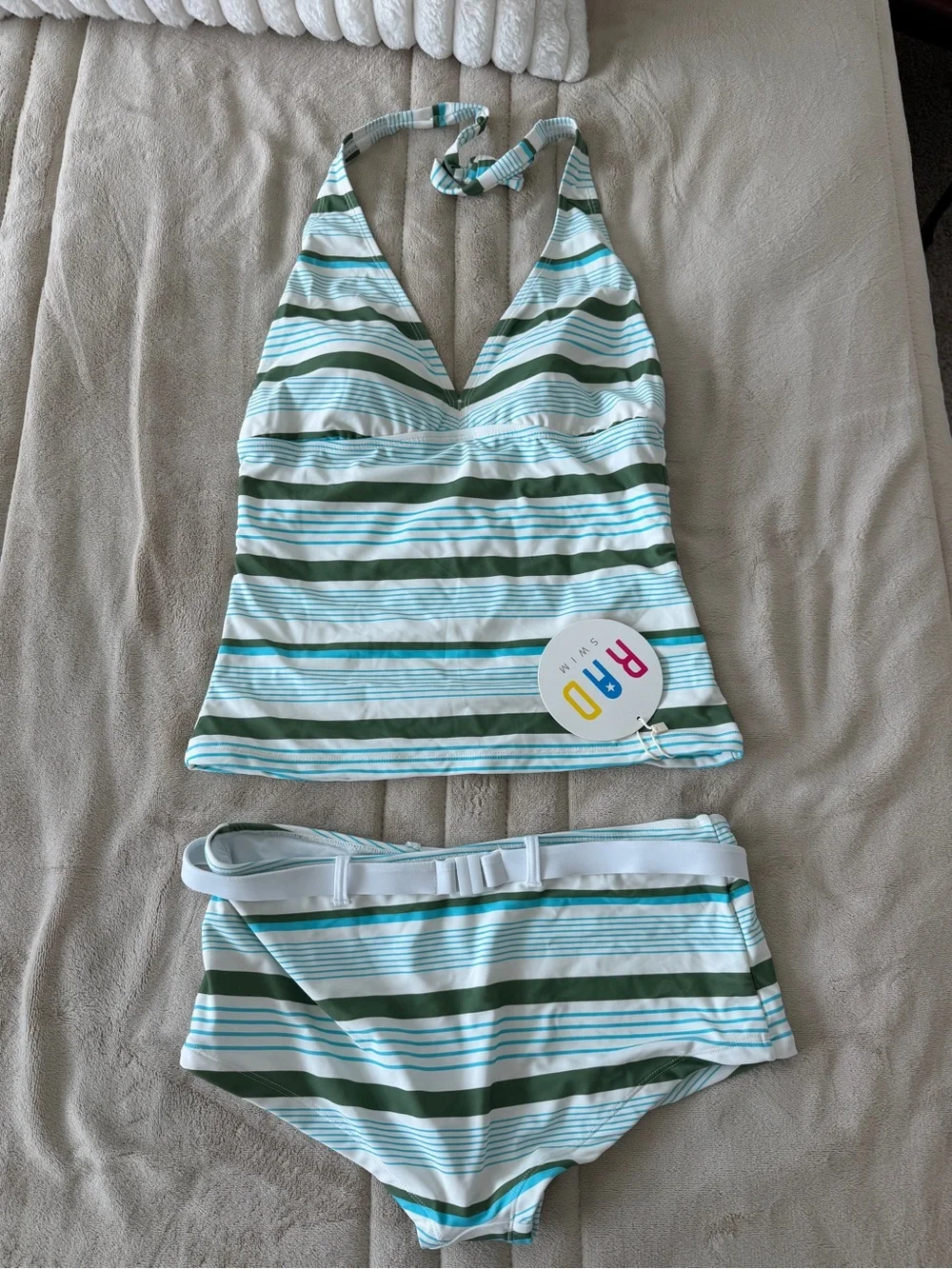 RAD Swim Kimber Tankini Set Size Large Green Blue Striped Boyshort Swimsuit